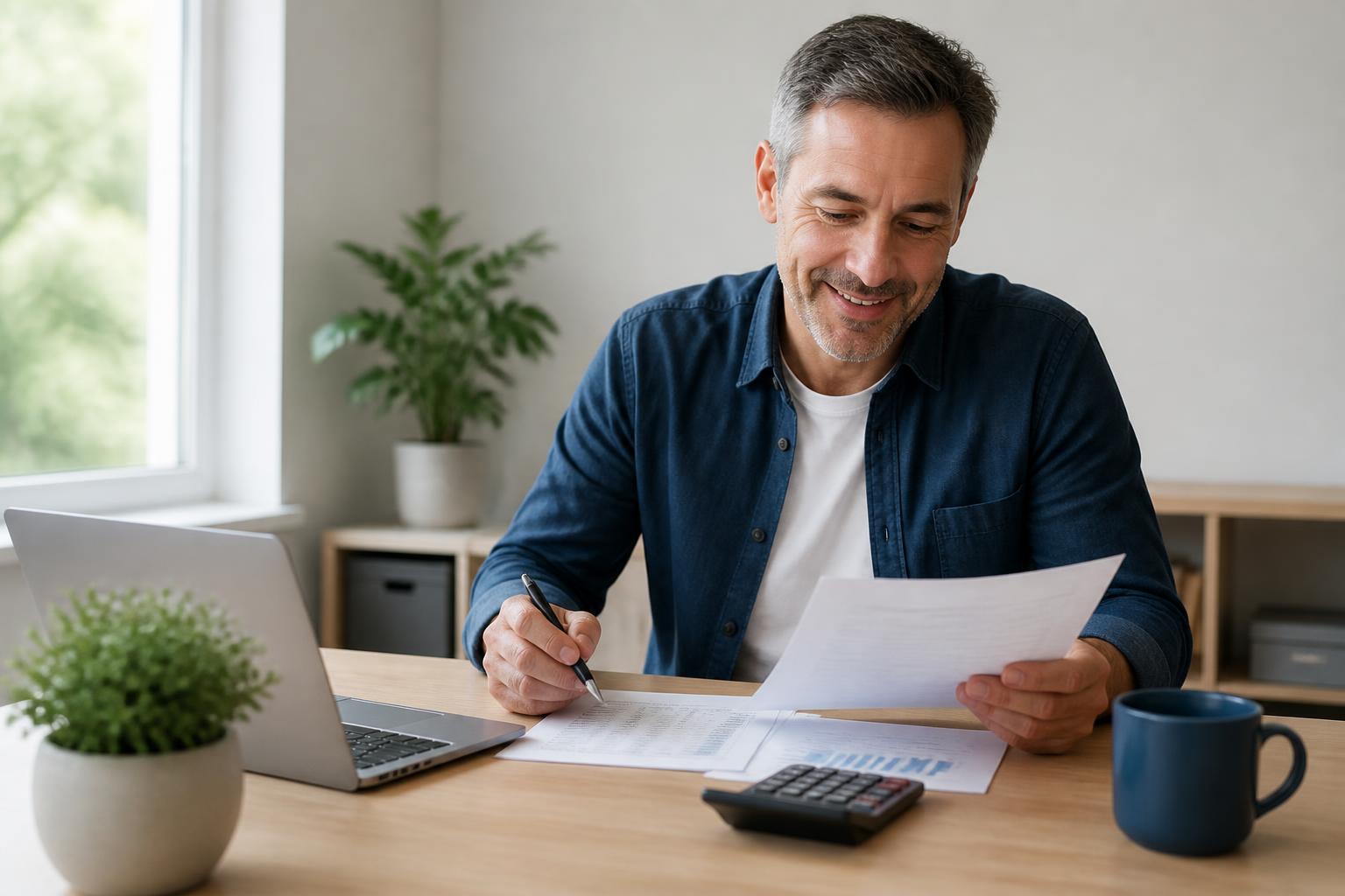 Phill Sullivan reviewing financial documents at a tidy home office desk
